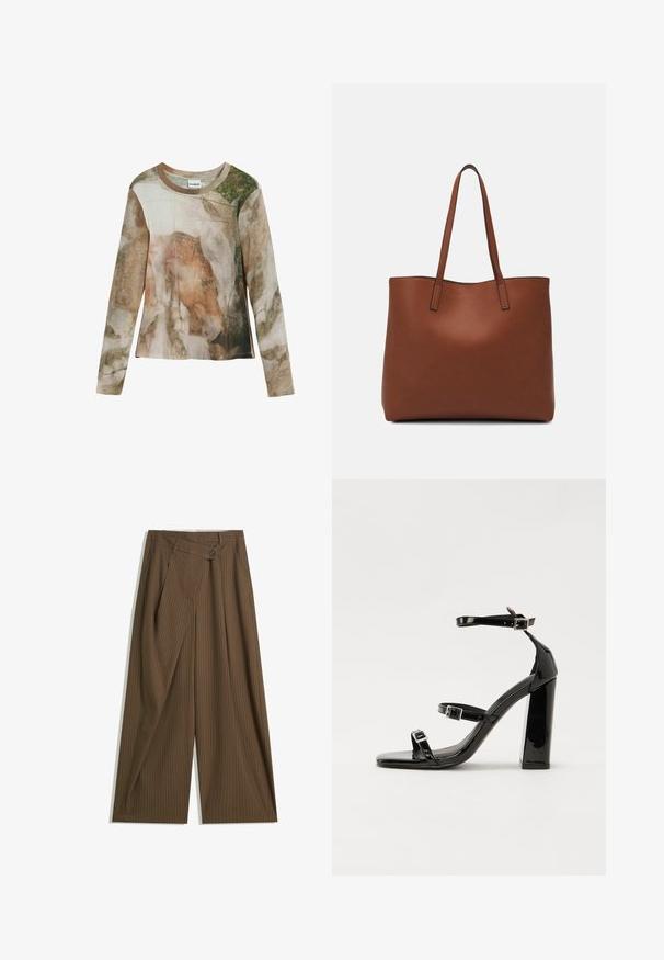 Ľahký top s dlhým rukávom, ktorý je zdobený abstraktným potlačou inšpirovaným prírodou v zemných odtieňoch hnedej a zelenej. Má guľatý výstrih a jemnú textúru.; Hnedé široké nohavice s tenkými bielymi prúžkami, vysoký pás, predné zapínanie na gombík a preklápanie na prednej strane.; Čierne lakované sandále na podpätku so štvorcovou špičkou, navlečenými remienkami okolo členku a striebornými prackami. Disponujú masívnym blokovým podpätkom pre stabilitu.; Hnedá kožená taška na rameno s hladkou textúrou, otvoreným vrchom a dvoma ramenými popruhmi. Má minimálne šitia a žiadne viditeľné kovania.