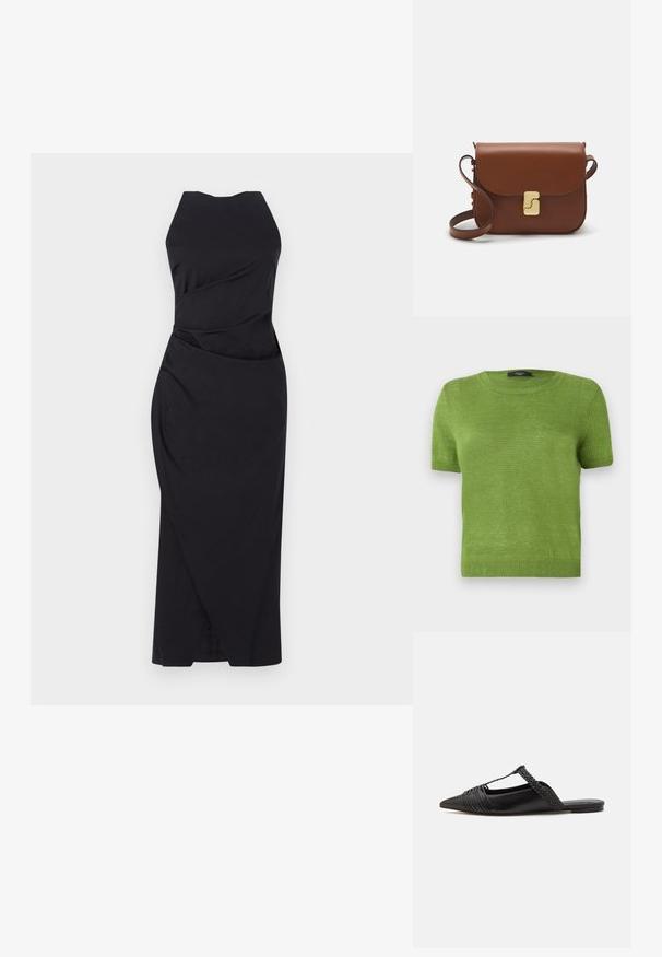 Pulover scurt cu mânecă scurtă de culoare verde, realizat dintr-un material tricotat ușor. Decupaj rotund la gât și tivuri și manșete ribbate. Design simplu, de o singură culoare.; Marella ELEGIA - Rochie cocktail/Rochie petrecere - nero; Pantofii din piele neagră cu curea la spate au vârful ascuțit, prezentând un accent țesut și un design superior pliat. Talpa joasă cu hardware minim.; Geantă de piele maro cu închidere tip capac, accesorii de culoare aurie, curea de umăr și o textură netedă. Formă compactă și rectangulară.