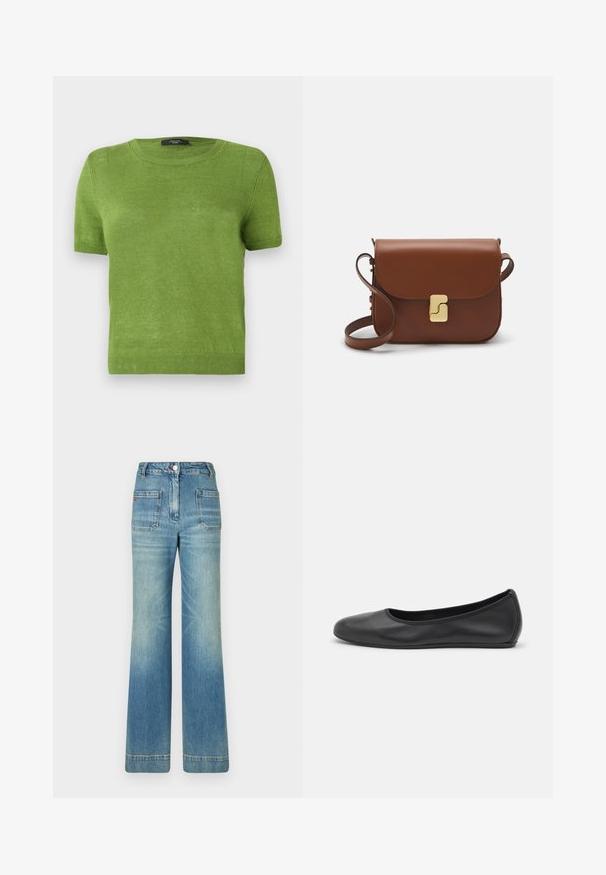 Zöld, rövid ujjú pulóver, könnyű kötött anyagból. Kerek nyakkivágás, bordázott aljjal és mandzsettával. Egyszerű, egyszínű dizájn.; Világoskék, trapéz szabású farmernadrág öt zsebbel, övhurkokkal, gombos záródással és enyhén fakó textúrával, a hátsó részén egy piros logó részlettel.; Fekete bőr balettcipő lekerekített orral, sima tekstúrával, minimális varrással és rugalmas talp kialakítással.; Barna bőr kézitáska, hajtókás zárással, arany színű fém kiegészítőkkel, vállpánttal és sima felülettel. Kompakt téglalap alakú.