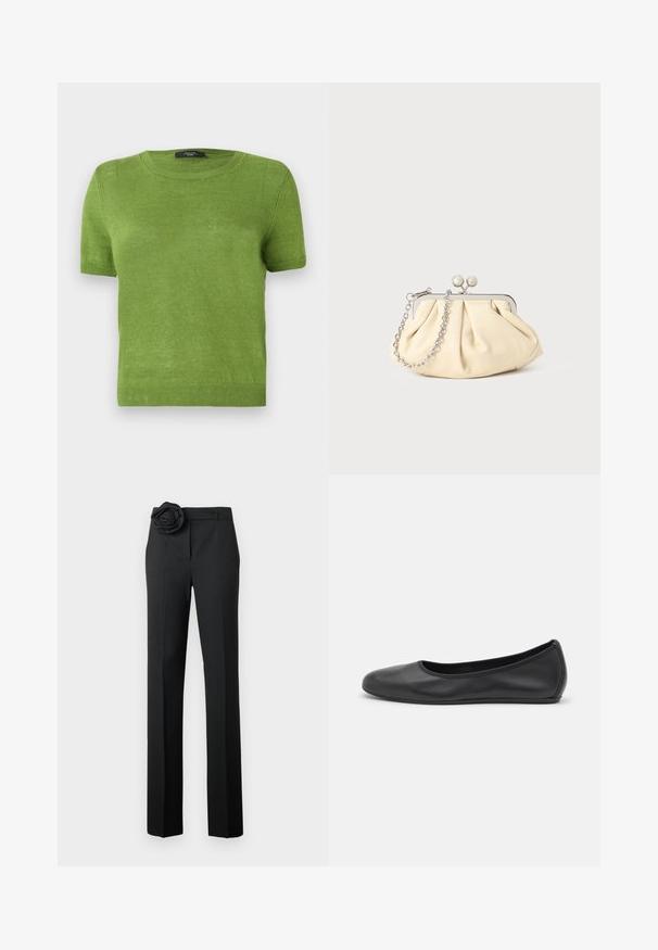 Roheline lühikeste varrukatega kampsun, mis on valmistatud kergest kudumismaterjalist. Ümar kaelus ning soonikkoed äärised ja varrukaotsad. Lihtne, ühtlane värvi disain.; Mustad püksid kohandatud lõikega, millel on kangas roosi aksessuaar vöö kohal, sirged sääred ja sile tekstuur.; Musthave mustika tantsutossud mustast nahast, ümmarguse varbaga, siledast tekstuurist, minimaalse õmblusdetailiga ja paindliku tallakujundusega.; Kortsus beežist nahast kotike, millel on hõbedane metallraam, kaunistatud kahe ümmarguse dekoratiivse lukuga ja hõbedase ketispideme.