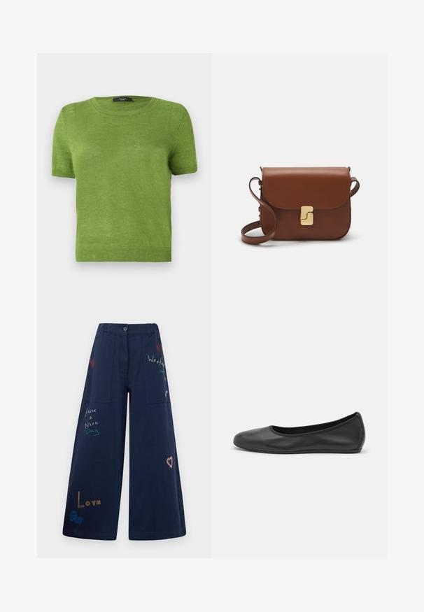 Zielony sweter z krótkim rękawem wykonany z lekkiego materiału dzianinowego. Okrągły dekolt oraz ściągacze u dołu i przy rękawach. Prosty, jednolity kolor.; Granatowe spodnie z szerokimi nogawkami wykonane z bawełny, z licznymi kieszeniami. Ozdobione kolorowymi haftowanymi napisami i grafikami, w tym sercami i zabawnymi hasłami.; Czarne skórzane baletki z zaokrąglonym noskiem, gładką fakturą, minimalnymi przeszyciami i elastycznym designem podeszwy.; Brązowa skórzana torebka na ramię z klapką, złotymi detalami, paskiem na ramię i gładką teksturą. Kompaktowy prostokątny kształt.