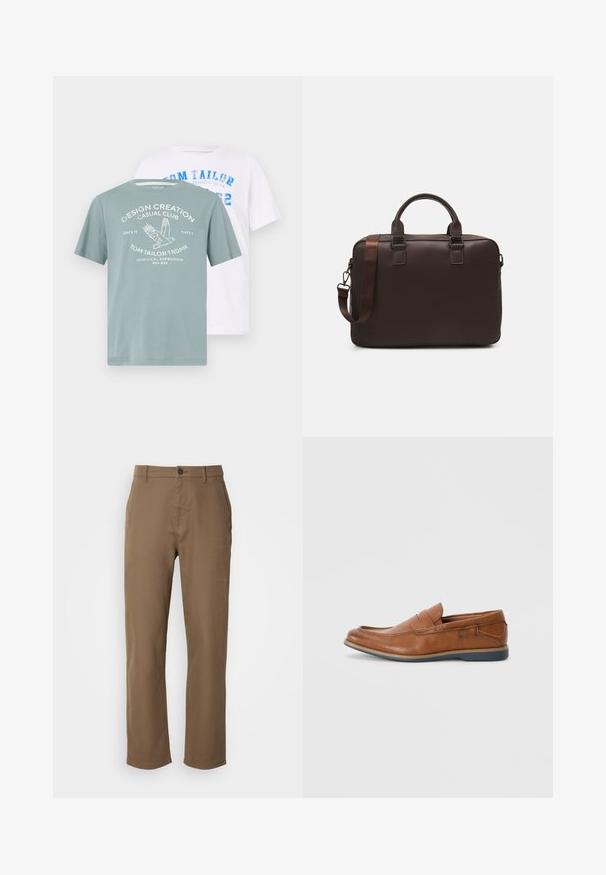 Dve trička: jedno světle modré s potiskem zobrazujícím ptáka a text, druhé bílé s modrým textem. Obě jsou s krátkými rukávy.; Hnědé bavlněné kalhoty se střihem rovného střihu, zapínáním na knoflík a bočními kapsami. Mají hladkou texturu a jednoduchý, nezdobený design.; Hnědé kožené mokasíny s kulatou špičkou, prošívanými detaily a nízkou gumovou podrážkou. Design zahrnuje pásek přes vrch.; Hnědá kožená taška na laptop s texturovaným povrchem, dvojitými horními uchy, nastavitelným popruhem a dvěma předními přezkami pro další detaily.