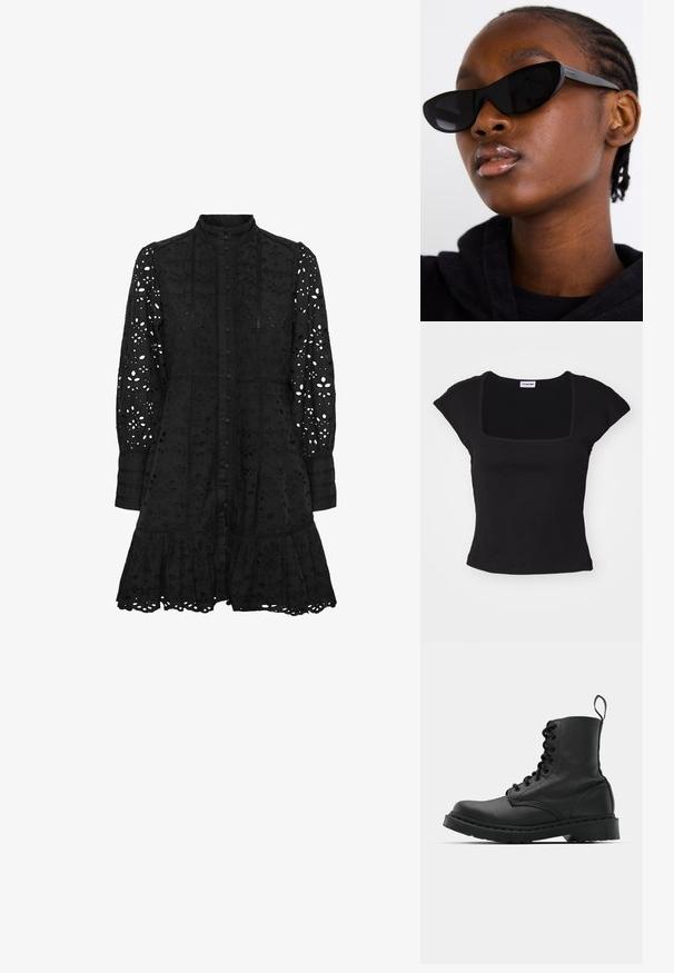 Top preto de manga curta com decote quadrado, feito de tecido suave. Apresenta um design ajustado e uma textura lisa. Sem padrões ou detalhes visíveis.; Vestido preto bordado com colarinho alto, fecho de botões na frente, mangas longas e bainha rendada. Apresenta padrões recortados florais e geométricos.; Bota de combate em couro preto com bico redondo, atacadores na parte da frente e um puxador no tornozelo. Apresenta uma sola de borracha grossa para maior durabilidade.; Óculos de sol cat-eye pretos com acabamento mate, com um design elegante e bordas suavemente curvadas, colocados em contraste com a roupa escura de um modelo.