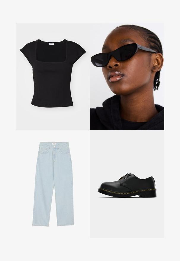 Must muströga lühikeste varrukatega topp nelinurkse kaelusega, valmistatud pehmest kangast. Omab sobivat disaini ja sujuvat tekstuuri. Ilma nähtavate mustrite või aktsentideta.; Heledad helesinine laiemate säärega teksapüksid, mis on valmistatud denimist, sisaldavad keskelt kõrge vöökoha, viit taskut ning nööbiga kinnitamist õhuke metallaccent.; Mustad mustadest nahast jalatsid ümarate varvastega, seotud disainiga, kollase õmblusega äärel ja paksu musta kummist tallaga, et tagada haakumine.; Must musta silmad eest vaatavad mustad prillid, millel on matt viimistlus, elegantne disain ja õrnalt kõverad servad, mudeli tumeda riietuse taustal.; Hõbedased rõngaskõrvarõngad, millel on sile, läikiv viimistlus. Ümmargune kuju ja turvaline klõpsulatus. Kerge disain, sobib igapäevaseks kandmiseks.