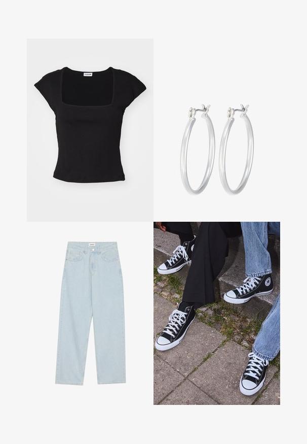 Must muströga lühikeste varrukatega topp nelinurkse kaelusega, valmistatud pehmest kangast. Omab sobivat disaini ja sujuvat tekstuuri. Ilma nähtavate mustrite või aktsentideta.; Heledad helesinine laiemate säärega teksapüksid, mis on valmistatud denimist, sisaldavad keskelt kõrge vöökoha, viit taskut ning nööbiga kinnitamist õhuke metallaccent.; Mustad musta värvi kõrged kanvasist tossud valgete kummitaldade ja nööridega, külgedel ringikujuline logo ning kombineeritud denimist ja mustade pükstega.; Hõbedased rõngaskõrvarõngad, millel on sile, läikiv viimistlus. Ümmargune kuju ja turvaline klõpsulatus. Kerge disain, sobib igapäevaseks kandmiseks.