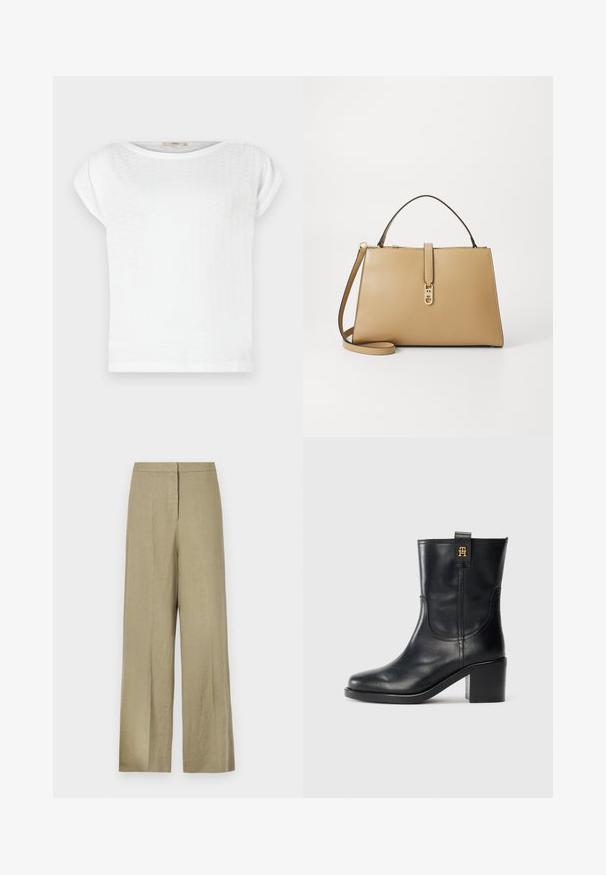White short-sleeve T-shirt with a round neckline and textured fabric. Simple design with a relaxed fit and unembellished hem.; Light green, wide-leg trousers made from linen. Features a high waist and clean front design with a single pleat.; Black leather mid-calf boot with block heel and gold "TH" logo on pull tab against white background.; Tommy Hilfiger LIBRE SATCHEL - Handbag - safari