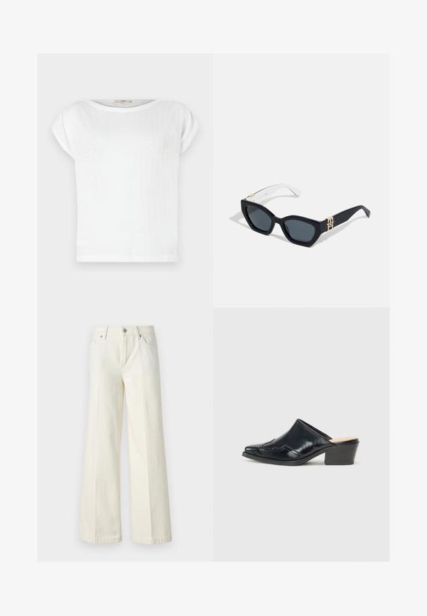 Camiseta blanca de manga corta con cuello redondo y tejido texturizado. Diseño simple con un corte holgado y bajo sin adornos.; Jeans blancos de pierna ancha hechos de una mezcla de algodón. Cuentan con una cremallera en la bragueta, diseño de cinco bolsillos y costuras a lo largo de las costuras.; Mules de charol negro con punta afilada, un diseño curvado y un tacón bajo en bloque que presenta costuras decorativas a lo largo del parte superior.; Tommy Hilfiger Gafas de sol - blue