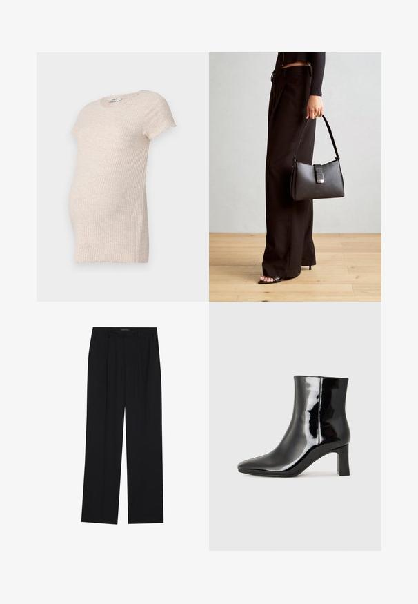 Grūtniecēm paredzēta īsām piedurknēm topa gaisā bežā ribota auduma. Iezīmes: apaļa kakla izgriezums un diskrēti sānu izgriezumi komfortam un vieglai valkāšanai.; Melni bikses ar taisnu kāju dizainu, kurām ir divi priekšējie kabatas un jostasvieta. Izgatavotas no gludas, vieglas auduma.; Melnas patentētas ādas potīšu zābaki ar norādītu pirkstu un vidēja augstuma kvadrātveida papēdi. Gluda tekstūra un minimālisma dizains.; Melnā somiņa ar strukturētu formu, gludu tekstūru un metālu sprādzi. Saskaņota ar platām melnām biksēm un sandālēm ar atvērtu purngalu uz koka grīdas.