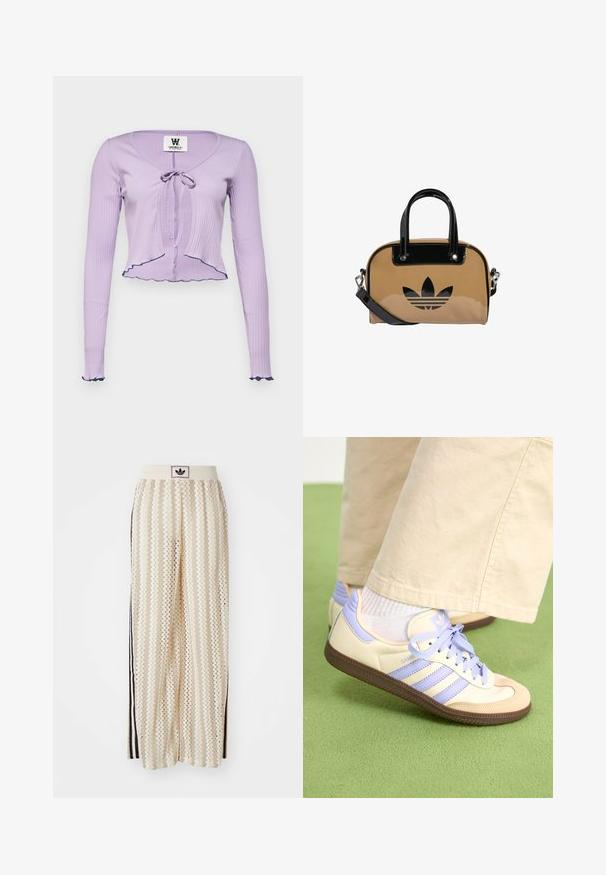 Lilla ribbet langermet topp med V-hals, frontknyting og volanger i kantene og ermene, aksentuerte med mørkeblå kant.; Kremfargede bukser med brede ben og zigzag-mønster, med en svart logo-linning og svarte striper på siden. Lett, teksturert stoff.; Kremfargede og lavendelfargede joggesko med tre striper og en teksturert brun såle, med lisser og en polstret hæl. Mykt stofføvre.; Beige håndveske med svarte lakklærdetaljer, rund form, doble håndtak og et preget svart logo på forsiden.