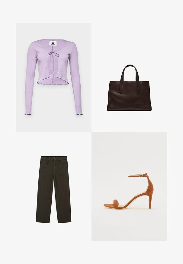 Liliowy, prążkowany top z długim rękawem, dekoltem w kształcie litery V, z przodu wiązaniem oraz falbaniastym dołem i mankietami wykończonymi ciemnoniebieskim wykończeniem.; Ciemnozielone spodnie dżinsowe typu wide-leg wykonane z mieszanki bawełny, z zamkiem na guzik z przodu, pięcioma kieszeniami i klasycznym przeszyciem dżinsowym.; Brązowe zamszowe sandały na wysokim obcasie z cienkim paskiem na kostce z złotą klamrą, otwartym noskiem i eleganckim, minimalistycznym designem.; Brązowa skórzana torba tote z dwoma wydłużonymi uchwytami, usztywnionym prostokątnym kształtem, gładką teksturą i subtelnymi detalami przeszycia.