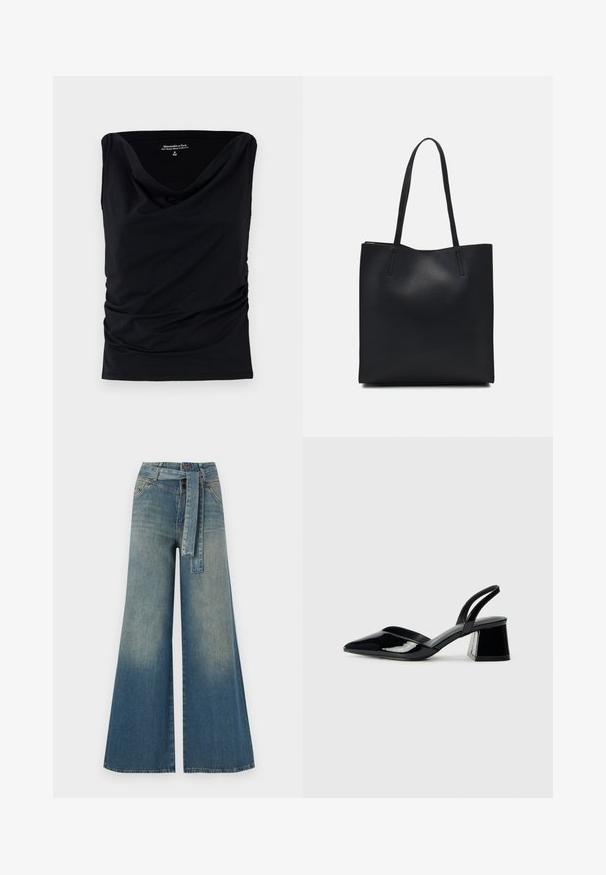 Top senza maniche nero realizzato in tessuto morbido, con scollatura a serpentina e dettagli arricciati sui lati per una silhouette aderente.; Pantaloni in denim a gamba larga con una sfumatura che va dal blu chiaro al blu scuro, vita alta, passanti per cintura e una cintura in tessuto coordinato. Finitura in denim strutturato.; Décolleté in vernice nera con punta affusolata e tacco in geometria cubica. Presentano un design elegante e minimalista, con una texture liscia.; Borsa tote in pelle nera con texture liscia, forma rettangolare e due manici lunghi. Nessun hardware o decorazione visibile.