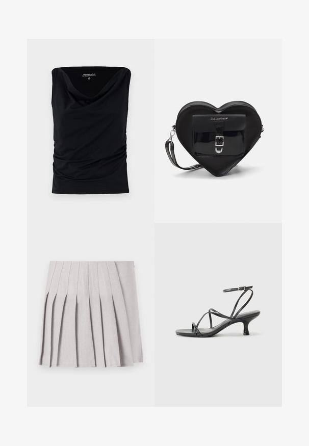 Black sleeveless top made of soft fabric, featuring a cowl neckline and gathered detailing on the sides for a fitted silhouette.; Gray pleated skirt with a smooth texture, featuring multiple vertical folds and a fitted waistline. Made from lightweight fabric.; Black heeled sandals with thin straps, open toe design, and a small, flared heel. The material appears smooth and glossy.; Black heart-shaped bag made of patent leather with a front pocket featuring a buckle closure and a detachable strap. Silver hardware accents.