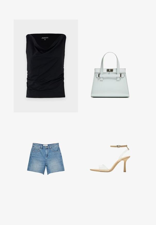 Sort ærmeløs top lavet af blødt stof, med en cowl-halsudskæring og rynkede detaljer i siderne for en tætsiddende silhuet.; Lysblå denimshorts med lige snit, frynset kant, fem lommer og et mærketag på livet. Ensartet vask og robust stof.; Klart hælet sandal med en gennemsigtig overdel, beige fodseng og en slank ankelrem. Har en spids tå og en tynd høj hæl.; Lyseblå håndtaske med struktureret design, to håndtag og spænde i sølvfarvet metal. Tekstureret materiale og skarpe hjørner.