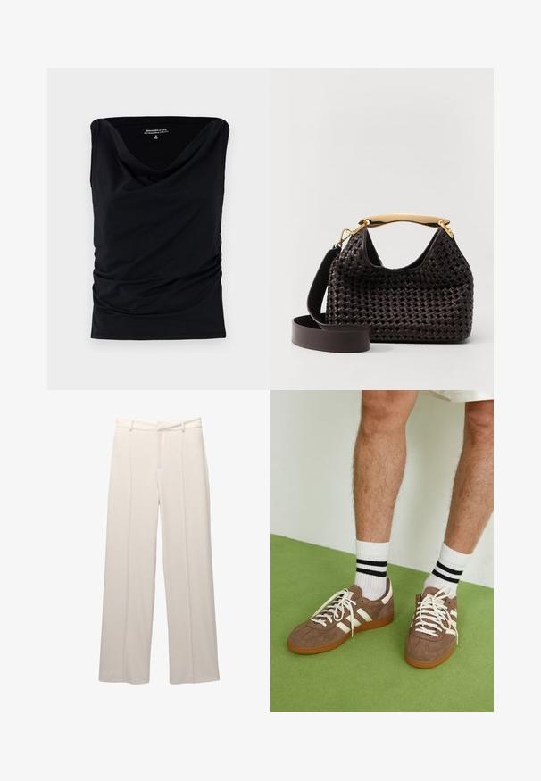 Črna brezrokavna majica iz mehkega materiala, z izrezom v obliki kapuce in gubanjem ob straneh za prilegajočo silhueto.; Široke hlače iz svetle bež tkanine z gladko teksturo. Imajo prilegajoč pas, sprednje vole in brez vidnih žepov.; Rjavi semiš športni čevlji z belimi detajli in vezalkami. Gumijast podplat. Nošeni z belimi nogavicami z črnimi črtami. Zelena teksturirana talna obloga.; Elleme BOOMERANG WOVEN - Torbica - brown