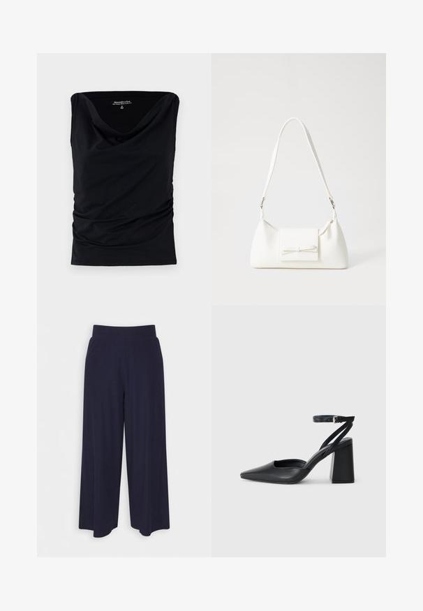 Zwarte mouwloze top van zacht materiaal, met een elegante halslijn en geplooide details aan de zijkanten voor een getailleerde pasvorm.; Wijd-uitlopende broek in donkerblauwe stof met een geribbeld patroon. Heeft een gladde tailleband en een vloeiende silhouet, die tot halverwege de kuiten reikt.; Zwarte leren puntige pump met een enkelbandje en een chunky hak. Vlakke textuur, strakke vormgeving en minimalistische esthetiek.; Witte synthetische handtas met een driehoekige vorm, platte voorklep en strikdetail, verstelbare schouderriem, gladde textuur en minimalistisch ontwerp.