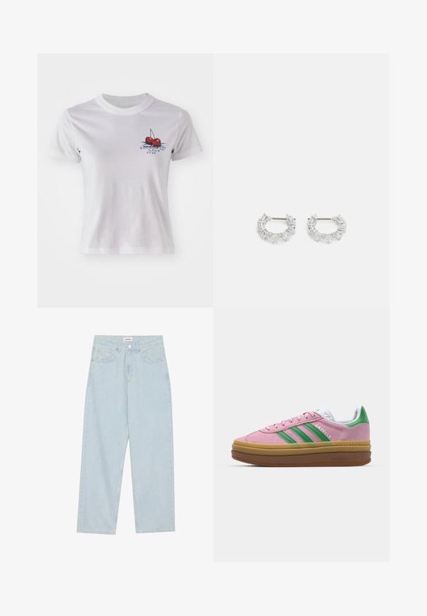 Hvit bomull t-skjorte med kirsebærgrafikk og teksten "Conchita WIP" i blå. Korte ermer og rund hals design.; Lys blå vide jeans laget av denim, med middels høyde på livet, fem lommer og en knappelukking med en slank metalldetalj.; Rosa semskede sneakers med grønne striper, hvite detaljer og en brun gummisåle. Har teksturert stoff og logodetaljer på siden.; Sølv hoop-øreringer med rektangulære og trekantede klare krystaller arrangert i et sirkulært mønster med en sentral stift for festing.