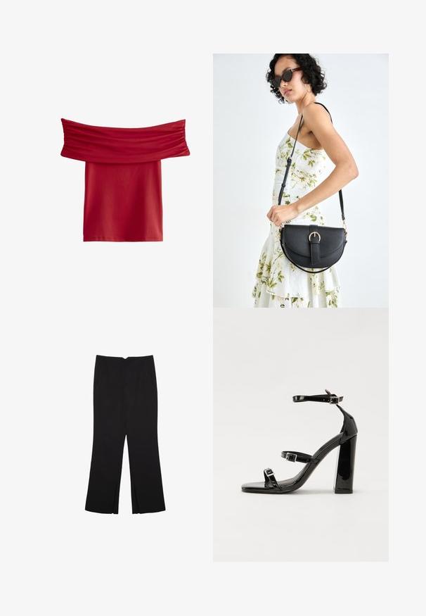 Rød off-the-shoulder top med samlet stof ved halsudskæringen. Glat, strækbart materiale; knælangt design, uden synlige mønstre eller hardware.; Sorte bukser med lige pasform, der har frontlommer og slidser i kanten. Lavet af blødt, glat stof. Velegnet til forskellige anledninger.; Sorte patenterede hælsandaler med firkantet tå, ankelremme og sølvspænder. Har en chunky blokHæl for stabilitet.; Sort læderhåndtaske med en buet form, aftagelig rem og guldfinish. Tasken har en klap med en spænde detalje.