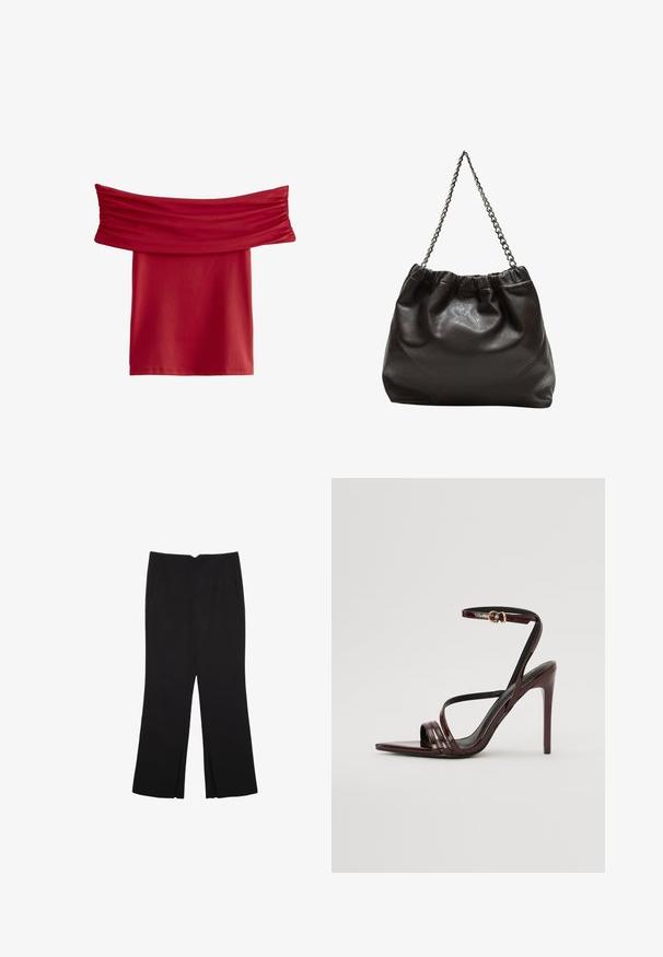 Czerwona bluzka bez rękawów z falbaniastym materiałem przy dekolcie. Gładki, elastyczny materiał; długość do kolan, bez widocznych wzorów czy elementów metalowych.; Czarne spodnie o prostym kroju, z przednimi kieszeniami i bocznymi rozcięciami na dole. Wykonane z miękkiego, gładkiego materiału. Odpowiednie na różne okazje.; Bordowe lakierowane sandały na obcasie z paskiem wokół kostki, spiczastym noskiem i trzema poziomymi paskami na stopie. Złocona klamra.; Brązowa skórzana torba z marszczonym szczytem i łańcuszkowym paskiem. Gładka tekstura z błyszczącym wykończeniem i subtelnymi detalami szwów po bokach.