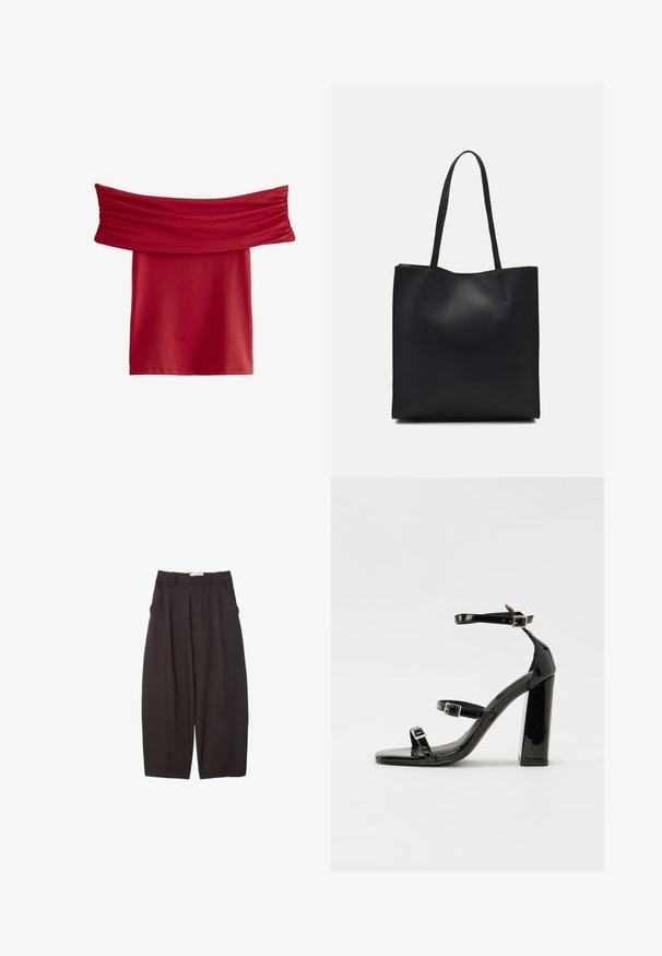 Top rosso senza spalle con tessuto arricciato all'дим-mi. Materiale liscio ed elastico; design lungo fino al ginocchio, senza motivi o hardware visibili.; Pantaloni neri a gamba larga realizzati in un tessuto morbido, con vita alta, pieghe frontali e tasche laterali. Design semplice senza decorazioni.; Sandali con tacco in vernice nera, con punta squadrata, cinturini alla caviglia e fibbie in argento. Presentano un tacco a blocco spesso per maggiore stabilità.; Borsa tote in pelle nera con texture liscia, forma rettangolare e due manici lunghi. Nessun hardware o decorazione visibile.