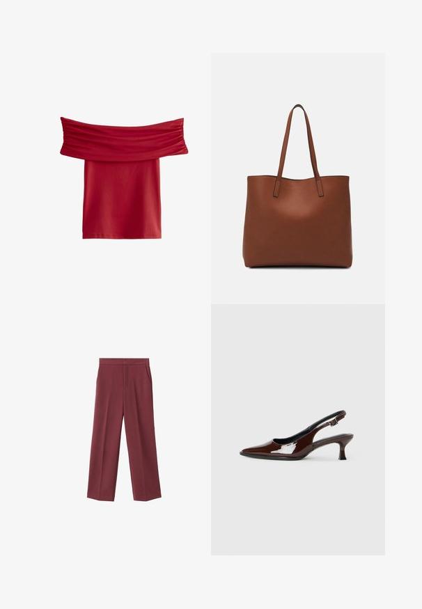 Punane õlgadelt avatud top, mille kaelaosa on kokku kogutud kangast. Sile, veniv materjal; põlve pikkune disain, ilma nähtavate mustrite või riistvara puudumiseta.; Bordeaux leveled trousers with a smooth texture, featuring side pockets and a high waist design. Tailored with a clean front crease.; Ruske patentin nahkalijatke sa špicastim nosom i umjerenom petom. Sadrže remen s kopčom za sigurno pristajanje. Glatka tekstura.; Ruskea nahkainen olkalaukku, jossa on sileä pinta, avoin yläosa ja kaksi olkahihnaa. Omaavat vain minimaalisen ompelun eikä näkyvää metalliosaa.