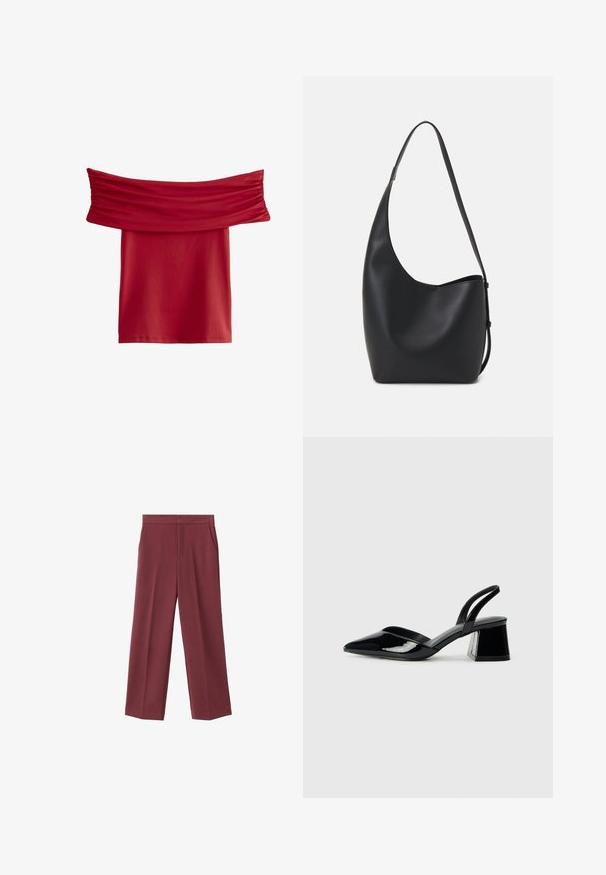 Červený top s odkrytými rameny, s nařaseným materiálem u výstřihu. Hladký, elastický materiál; délka ke kolenům, bez viditelných vzorů nebo kovových prvků.; Bordové kalhoty s širokými nohavicemi a hladkým povrchem, s bočními kapsami a vysokým pasem. Ušity s čistým předním záhybem.; Černé lakované kožené lodičky na pásku s špičatou špičkou a geometrickým blokovým podpatkem. Vyznačují se elegantním, minimalistickým designem a hladkým povrchem.; Černá kožená hobo taška s hladkým povrchem, zakřiveným tvarem a jedním nastavitelným popruhem; má široké otevírání nahoře.