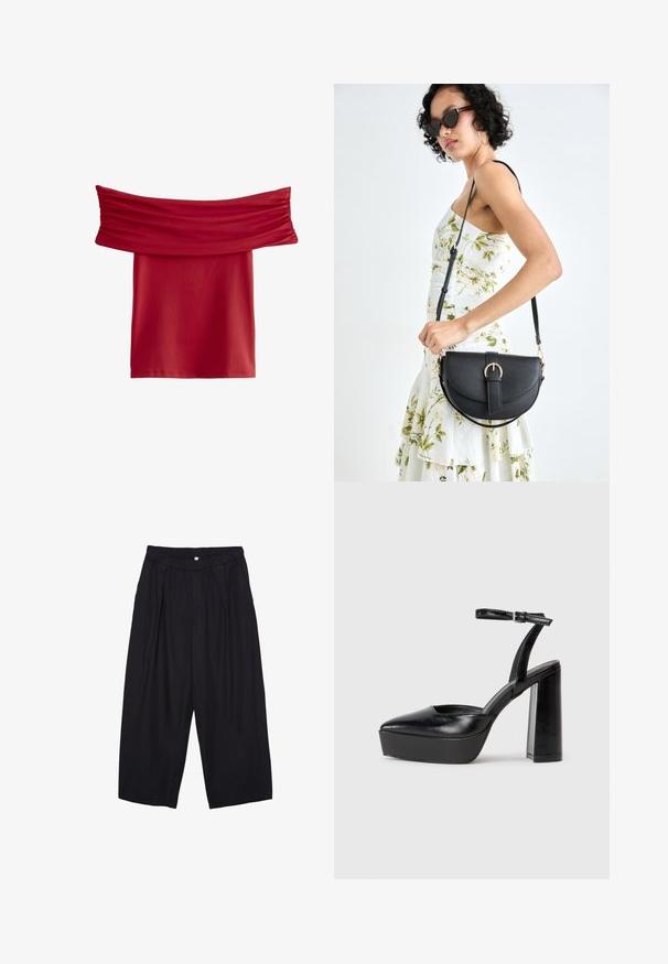 Rotes Off-Shoulder-Oberteil mit gerafftem Stoff am Ausschnitt. Glattes, elastisches Material; knielanger Schnitt, keine sichtbaren Muster oder Beschläge.; Schwarze Polyester-Culotte mit einem elastischen Bund, zwei vorderen Falten und einer lockeren Silhouette. Keine sichtbaren Muster oder Hardware-Details.; Schwarze Plateau-High Heels mit spitzem Zeh und verstellbarem Knöchelriemen. Gefertigt aus glattem Leder und mit einem klobigen Blockabsatz.; Schwarze Lederhandtasche mit geschwungener Form, abnehmbarem Tragegurt und goldenen Beschlägen. Die Tasche verfügt über einen Deckel mit einer Schnallen-Details.