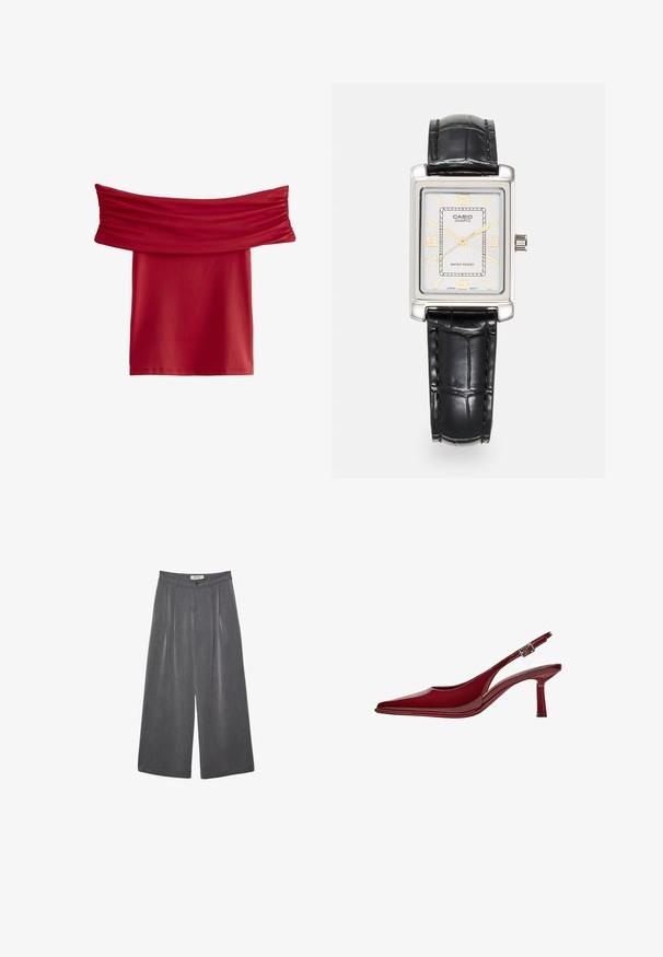 Red off-the-shoulder top with gathered fabric at the neckline. Smooth, stretchy material; knee-length design, no visible patterns or hardware.; Pleated wide-leg trousers in a dark gray fabric with a subtle texture. Features a button closure and a classic waistband design.; Bershka Classic heels - dark red; Casio rectangular quartz watch with a silver face, gold accents, black croc-embossed leather strap, and water-resistant feature.