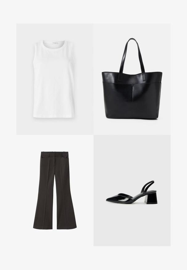Bela brezrokavna majica izdelana iz mehke bombažne tkanine. Ima okrogel izrez in raven kroj. Enostaven dizajn brez vidnih vzorcev ali dodatkov.; Črne razširjene hlače z visokim pasom; vključujejo dva sprednja žepa in gladko teksturo tkanine. Primerne za različne priložnosti.; Črne lakirane slingback pete s koničastim nosom in geometrijsko blokasto peto. Imajo eleganten, minimalističen dizajn in gladko teksturo.; Črna usnjena torba z dvema dolgima ročajema, gladko teksturo in strukturirano obliko. Ima sprednji žep za dodatno shranjevanje.