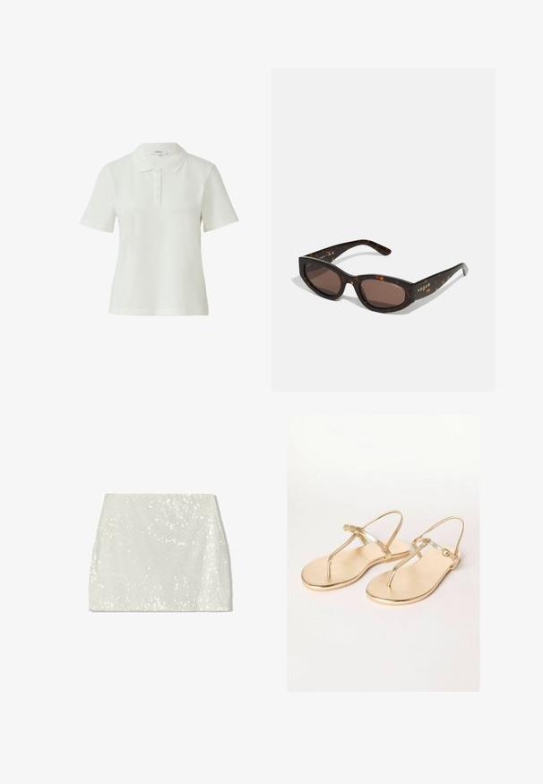 Weißes Poloshirt aus glattem, leichtem Stoff mit klassischem Kragen, kurzen Ärmeln und einer Knopfleiste mit fünf Knöpfen.; Bershka A-Linien-Rock - white; Friends Like These REGULAR FIT - TOE THONG FIT - Zehentrenner - gold; Braune Schildpatt-Sonnenbrille mit rechteckiger Form, dunklen braunen Gläsern und goldener "Vogue"-Markierung an den Bügeln.; Metallic gold Schultertasche mit geschwungener Form, glatter Textur, einem flachen Riemen und einem dekorativen Schnallendetail auf der Vorderseite.