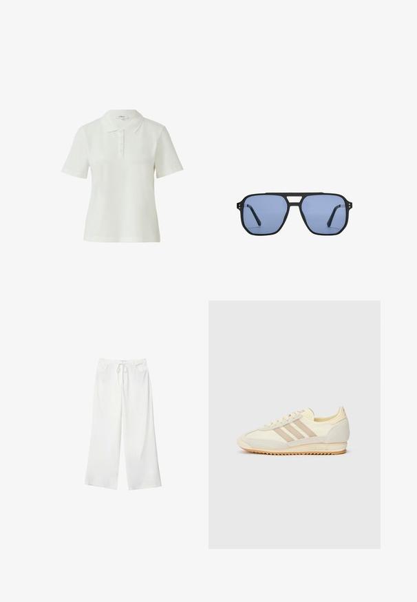 T-shirt polo blanc en tissu lisse et léger avec un col classique, des manches courtes et une patte de boutonnage à cinq boutons.; Pantalons larges blancs en tissu doux, dotés d'une taille à cordon de serrage et de deux poches avant. Texture lisse et sans motifs visibles.; Sneaker athlétique crème avec trois rayures beiges, en matériaux en suède et textile, une semelle texturée et une marque en relief sur le talon.; Stradivarius RETRO - Lunettes de soleil - light blue