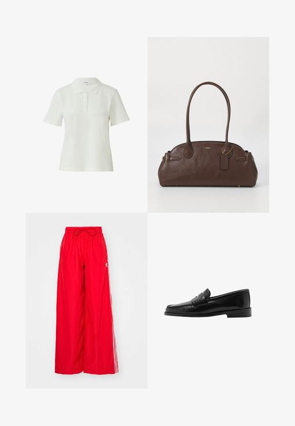 Weißes Poloshirt aus glattem, leichtem Stoff mit klassischem Kragen, kurzen Ärmeln und einer Knopfleiste mit fünf Knöpfen.; Rote weit geschnittene Hose aus leichtem Stoff, mit weißen Seitenstreifen und einem elastischen Bund mit Kordelzug.; Schwarzer Lederloafer mit geschwungener Silhouette, dekorativem Riemen, strukturiertem Stich und flacher Gummisohle. Glatte Oberfläche und elegantes Design.; Braune Lederhandtasche mit glatter Textur, runder Form und doppelten Griffen. Enthält ein goldenes Logo und einen kleinen angehängten Anhänger.