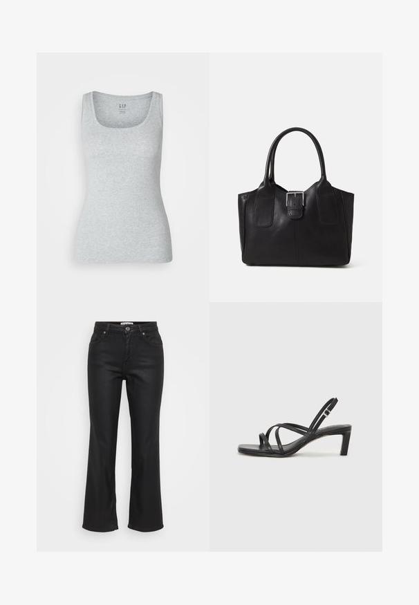 Siv gray top brez rokavov, prilegajočega kroja, izdelan iz mehkega bombažnega materiala. Ima okroglim izrezom in širokimi naramnicami. Oznaka pri izrezu zapiše "GAP."; Črne široke kavbojke iz denima, z zapiranjem na gumb spredaj, petimi žepi in gladko, rahlo sijajno teksturo.; Črne natikače s trakovi in kvadratnim prstom ter nizkim blokastim peto. Imajo več tankih trakov in nastavljiv trak okoli gležnja. Narejene so iz gladkega usnja.; Črna usnjena torba s gladko teksturo, strukturirano obliko, dvema ročkama in izrazitim srebrnim sponko na sprednji strani.