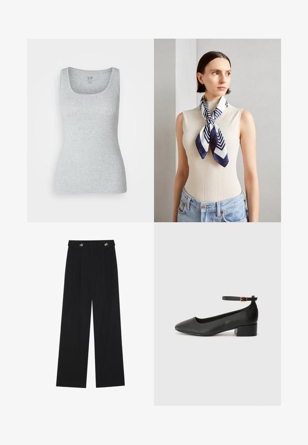 Siva, uska majica bez rukava od mekog pamučnog materijala. Ima izrezani dekolte i široke naramenice. Oznaka na izrezu vrata kaže "GAP."; Crne hlače širokih nogavica s visokim strukom, s dugmadi na pojasu i prednjim nabora.; Crne kožne pumpe s oštrim vrhom i niskom blok petom. Sadrže remen oko gležnja s zlatnim kopčanjem. Glatka tekstura.; Svila marama u tamnoplavoj i bijeloj boji s geometrijskim zigzag uzorkom. Glatka tekstura, uredno vezana oko vrata, koja dodatno ističe rebrasti top.