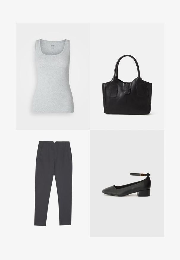 Gray, fitted tank top made of soft cotton material. Features a scoop neck and wide shoulder straps. Tag at the neckline reads "GAP."; Dark gray tapered trousers with side pockets and front pleats, designed for a tailored fit.; Black leather pump with a pointed toe and a low block heel. Features an ankle strap with a gold-tone buckle. Smooth texture.; Black leather tote bag with smooth texture, structured shape, two handles, and a prominent silver buckle detail on the front.