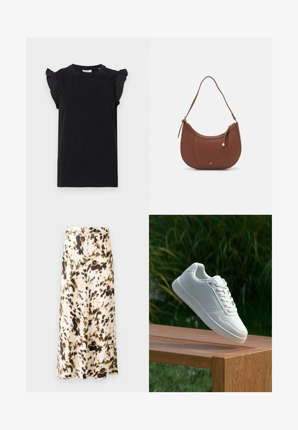 Mustat lyhythihaiset t-paidat, joissa on röyhelökoristeet hartioilla, valmistettu sileästä kankaasta, käytännöllinen pyöreä pääntie ja rento istuvuus.; Hame panjang lutut dari kain ringan dengan pola abstrak beige, cokelat, dan hijau. Memiliki pinggang yang pas dan desain yang mengalir.; Valkoiset tennarit, joissa on sileä synteettinen päällinen, rei'itetty varvasosa, litteät nauhat ja teksturoitu pohja, esillä puupinnalla.; Ruskea keinonahkainen olkalaukku, jossa on kaareva muoto, minimaalinen ompelu ja kultasävyinen varuste. Varustettu ylhäältä avautuvalla vetoketjullisella suljennalla ja säädettävällä hihnalla.