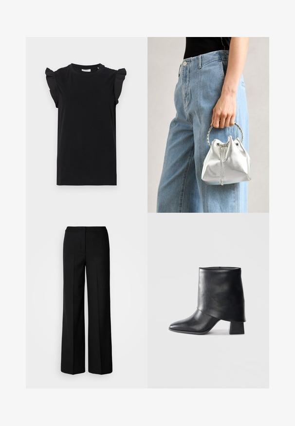 Black short-sleeve t-shirt with ruffled shoulder accents, made from smooth fabric, featuring a crew neckline and a relaxed fit.; Black wide-leg trousers with a smooth fabric, featuring a high waist, tailored seams, and a minimalist design. No visible hardware or pockets.; Black leather ankle boot with a pointed toe, smooth texture, and a structured block heel. Features a high, folded cuff design.; Metallic silver bucket bag with a textured finish, adorned with a silver round handle and drawstring closure, held against light blue jeans.