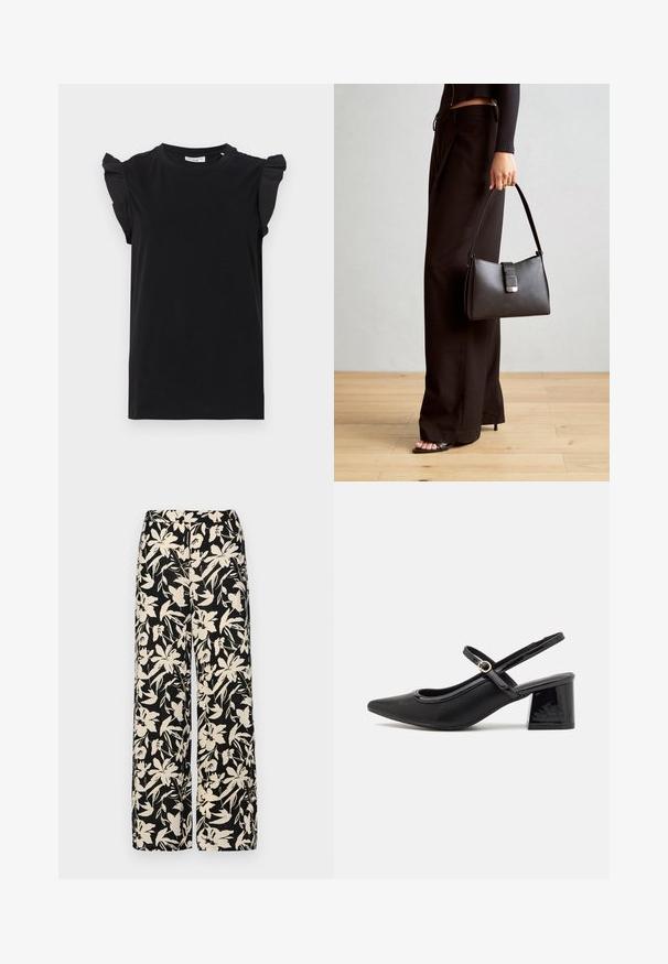Juodas trumpas rankovė t-shirt su raukiniais ant pečių, pagamintas iš lygaus audinio, su apvaliu kaklu ir laisvu siluetu.; Juodos plačios kojos kelnės su grietinėlės spalvos gėlių raštu. Pagamintos iš lengvos medžiagos, pasižyminčios lygiapass viršutine tekstūra ir aukštu liemeniu.; Juodi patentinio odos slingback aukštakulniai su smailiu pirštu, apvaliu išpjovimu ir blokiniu kulnu. Papuošti auksiniu juostos akcentu.; Juodas rankinė struktūrizuota forma, lygi tekstūra ir metalinis užsegimas. Suporuota su plačiomis juodomis kelnėmis ir atvirais bateliais ant medinių grindų.