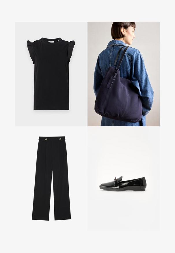 Melns īsām piedurknēm T-krekls ar salocītām plecu detaļām, izgatavots no gludas auduma, ar apaļu kakla izgriezumu un brīvu piegriezumu.; Melnas platās bikses ar augstu jostasvietu, pogu detaļām uz jostas un priekšējām krokām.; Melns lakots ādas loafers ar plakanu zoli, apaļu purngalu un dekoratīvu jostu ar zelta toņa akcentu. Gluda, spīdīga apdare.; Jūras spēku kanvas plecu soma ar mīkstu, strukturēta formu, kas piedāvā melnu siksnu, izšūtu detaļu un nelielu zīmola birku.