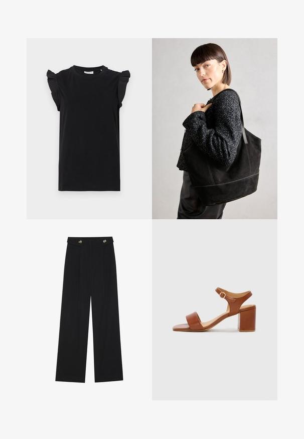 Black short-sleeve t-shirt with ruffled shoulder accents, made from smooth fabric, featuring a crew neckline and a relaxed fit.; Black wide-leg trousers with high waist, button details on waistband, and front pleats.; Brown leather heeled sandal with a square toe, adjustable ankle strap, and a block heel. Smooth texture and minimal design features.; Black suede tote bag with a smooth texture, structured shape, and contrasting stitching. Features long straps for shoulder carry.