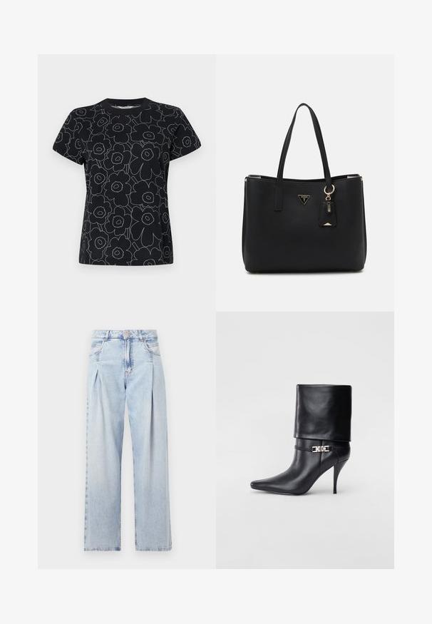 Sort t-shirt med blomstermønster i hvidt omrids, med korte ærmer og rund hals. Fremstillet af bomuldsstof med en glat overflade.; Lyseblå denim jeans med høj talje, bred benåbning, to sidelommer og plisseret design. Blød tekstur med et falmet finish.; Sort læder ankelstøvle med spids tå, høj stiletto hæl, fold-over manchet og en guld dekoreret spænde detalje på anklen.; Sort totebag lavet af struktureret syntetisk materiale, med to håndtag, en guldlogo-plade og et lille mærke med en accentdetalje.