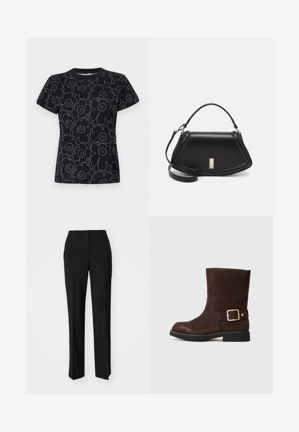 Sort t-shirt med blomstermønster i hvidt omrids, med korte ærmer og rund hals. Fremstillet af bomuldsstof med en glat overflade.; Sorte skræddersyede bukser med lige ben-design, der har en glat tekstur og skarpe folder langs fronten. Ingen synlige hardware.; Brune ruskind ankelstøvle med rund tå, flad sort sål og guldspænde på siden. Glat tekstur og enkelt design.; Sort læderhåndtaske med en struktureret design, der har en kortet form, tophåndtag og guld hardware-accenter. Justerbar skulderrem inkluderet.