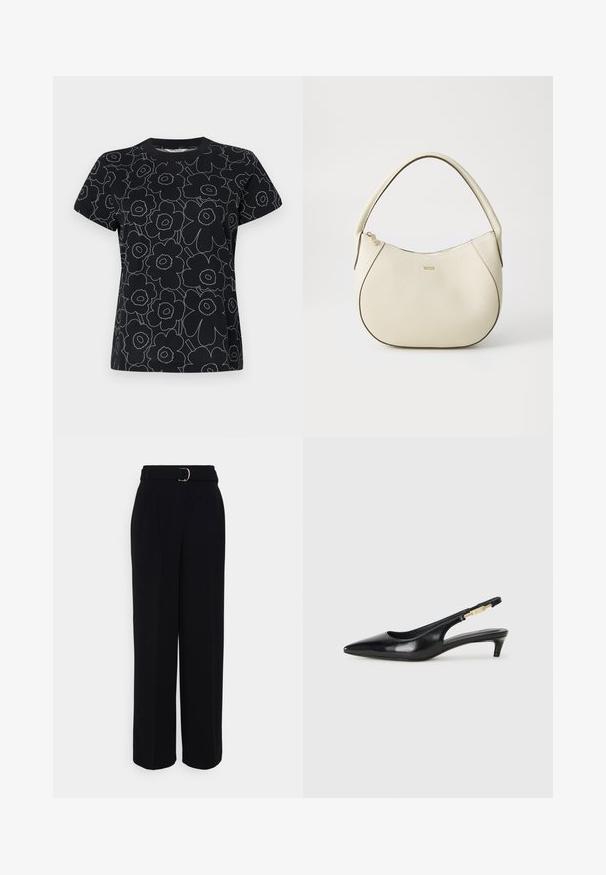 Fekete póló, fehér szegélyezésű virágmintával, rövid ujjú és kerek nyakkivágással. Pamut anyag, sima tapintással.; Fekete, testre szabott nadrág, széles szárű sziluettel, ezüst csattal ellátott övvel, pliszékkel és sima textúrával.; Fekete bőr slingback magassarkúk, hegyes orral, vékony sarkakkal és arany színű részlettel a állítható pánton. Simа felület.; Krém színű kézi táska texturált felülettel, ívelt formával, rövid fogantyúval és arany színű logó részlettel. Cipzáros záródás a tetején.