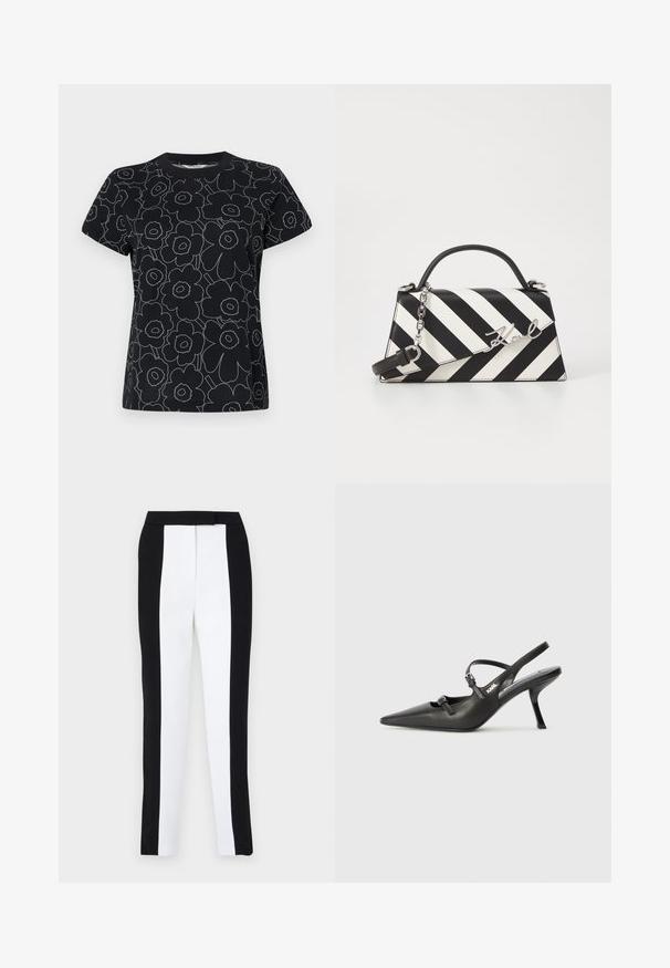 Svart t-skjorte med blomsterdesign skisset i hvitt, med korte ermer og rund hals. Laget av bomull med en jevn tekstur.; Svart-hvite tapered bukser med smal passform og kontrasterende paneler. Stoffet har en glatt tekstur; midjebåndet er flatt og tettsittende.; Sorte skinn slingback-hæler med spiss tå, slank hæl og dekorativ spenne detalj på vampsiden. Glatt tekstur og stilrent design.; Svart- og hvitstripet håndveske med en strukturert form, som har et topphåndtak, en avtakbar kjedestropp, og metallisk logo-akcent.
