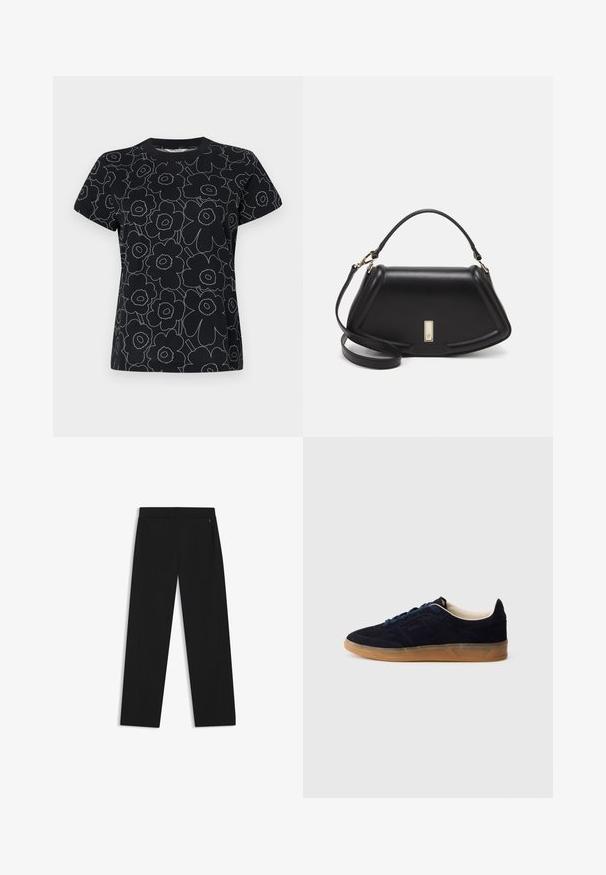 Black t-shirt featuring a floral pattern outlined in white, with short sleeves and a crew neck design. Cotton material with a smooth texture.; Black wide-leg trousers made of smooth fabric, featuring side pockets and a flat front waistband for a streamlined look.; Navy suede sneaker with a gum rubber sole, blue laces, and minimalist design. Features embossed logo on the side and smooth inner lining.; Black leather handbag with a structured design, featuring a cropped shape, top handle, and gold hardware accent. Adjustable shoulder strap included.