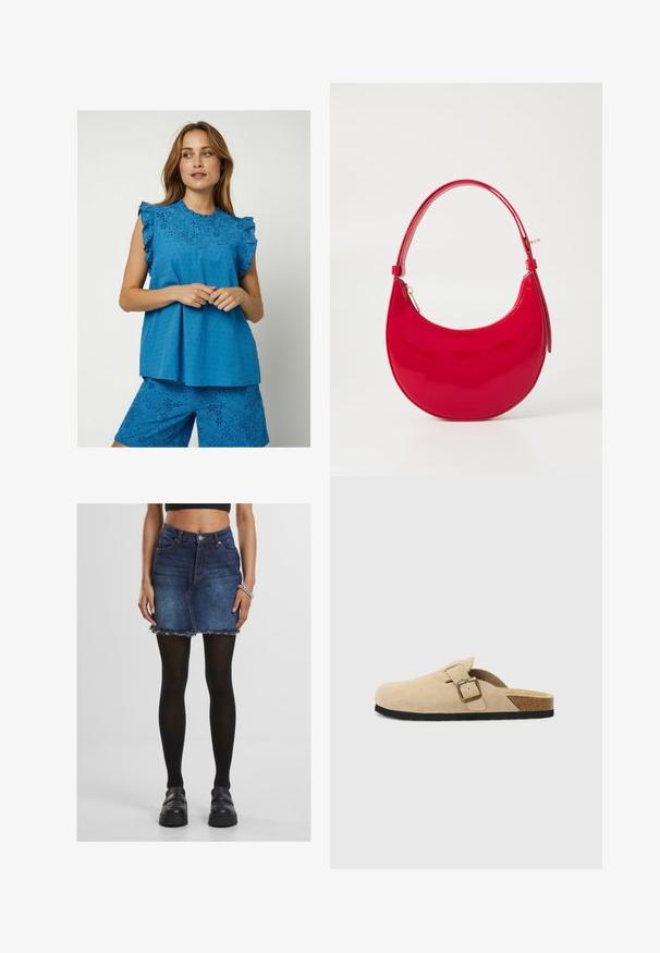 Moves MITI - Bluse - nebulas blue; Jeans-Minirock mit fransigem Saum, hochgeschnitten, mit vorderen Taschen und in einem blauen Waschung. Getragen mit schwarzen blickdichten Strumpfhosen und klobigen schwarzen Schuhen.; Beige Wildleder-Slipper mit einem Korkfußbett, runder Zehenpartie und einem einfachen Riemen mit einer goldfarbigen Schnalle. Gummi-Sohle für besseren Halt.; Rote Lackleder-Handtasche mit geschwungener Silhouette, kurzem Griff und Reißverschluss, ausgestattet mit einer glatten, glänzenden Oberfläche.