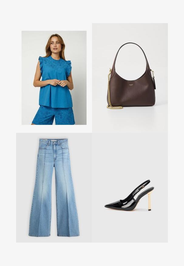 Moves MITI - Blouse - nebulas blue; Lichtblauwe high-waisted jeans met wijde pijpen, voor- en achterzakken, riemlussen en verticale naaddetails aan de voorkant.; Zwarte lakleren slingback hoge hak schoen met puntige neus en goudkleurige vierkante hakaccent. Voorzien van een verstelbare enkelband.; COACH BROOKLYN SHOULDER BAG 23 - Handtas - maple
