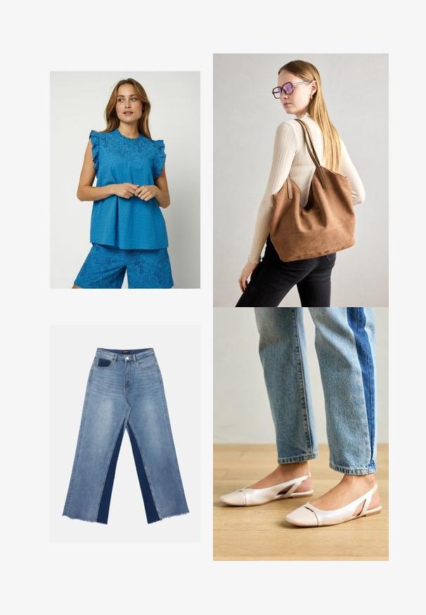 Moves MITI - Pluus - nebulas blue; Heledad sinine laiemate jalgadega teksapüksid kontrastsete tumedate siniste paneelidega, lõhikud allääres ja tavaline talje metallnupuga kinnitamiseks.; Kahvatu roosa slingback lapikute jalatsite paar, millel on terav varvas, valmistatud siledast nahataolisest materjalist. Omab külgedel lõikekohti ja lapikut kontsa.; Pruunist suedi kott pehme tekstuuriga, suure ava ja pikkade rihmadega. Omab lihtsat disaini nähtava õmblusega ja ilma metalldetailideta.