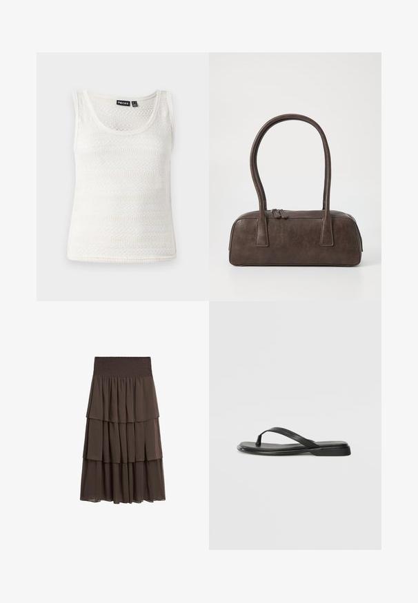 White knit tank top featuring a scoop neckline and textured pattern. Material is lightweight with a fine, soft finish.; Massimo Dutti LONG RUFFLED - A-line skirt - mottled dark brown; Black flip-flop made of smooth leather, featuring a thin strap design and a flat sole with a minimal profile. No notable patterns or accents.; Brown leather handbag with two sturdy handles, rectangular shape, smooth texture, and zip closure. Minimalist design with no visible patterns.