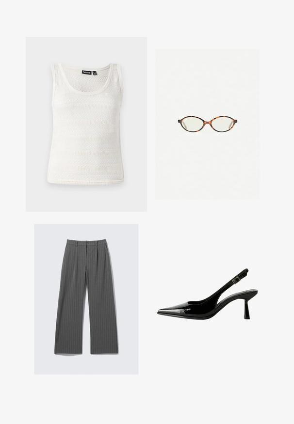 Valkoinen neuleliivi, jossa on pyöreä kaula-aukko ja teksturoitu kuvio. Materiaali on kevyt ja siinä on hieno, pehmeä pintakuvio.; Harmaat raidalliset leveälahkeiset housut, joissa on etupleikkaukset ja vyölenkit, aseteltuna tasaisesti valkoista taustaa vasten.; Musta lakattu nahkasaapas, jossa on teräväkärkinen malli, leikattuja sivuja, säädettävä nilkkain ja ohut, virtaviivainen korko.; Kilpikonnakuosiset silmälasit, joissa on soikeat linssit ja tyylikäs, sileä pinta. Ominaisuudet: ohuet sivut, joissa on hienovarainen kaari temppeleissä. Kirkkaat linssit.