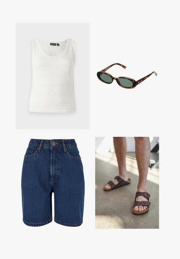 Biely pletený top bez rukávov so zaobleným výstrihom a textúrovaným vzorom. Materiál je ľahký s jemným a mäkkým povrchom.; Džínové šortky v tmavomodrej farbe s vysokým pásom, päť vreckovým dizajnom a kontrastným oranžovým prešívaním. Tkanina vyzerá štruktúrovane.; Hnedé kožené sandále s dvoma nastaviteľnými prackami, korkovou stielkou a textúrovanou gumovou podrážkou, nosené na holých nohách na betónovej podlahe.; Slnečné okuliare v štýle korytnačiny s oválnymi rámami a zelenými sklami. Majú tenké nožičky s kovovým akcentom pri pántoch.